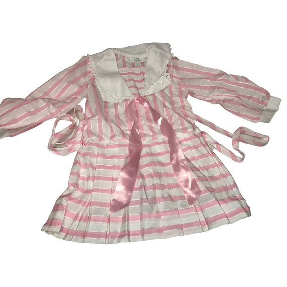 Vintage Girls Dress - Pink and White Stripe Pattern with Ribbon and wide Foldove